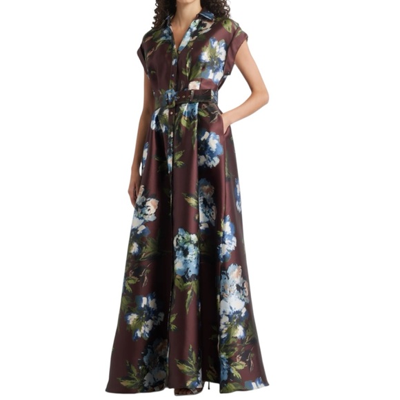NWT JULIA JORDAN Brown Floral Short Sleeve Button Front Belted Dress Gown Size 8